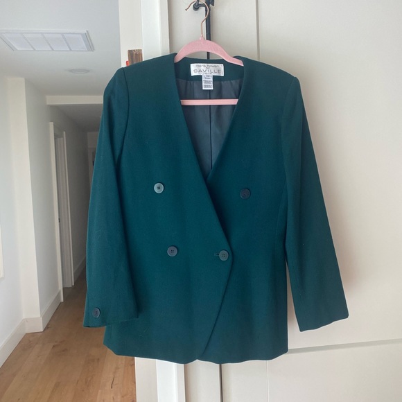 Vintage Rena Rowan Wool Blazer Green Double Breasted Petite 10P - Picture 1 of 15